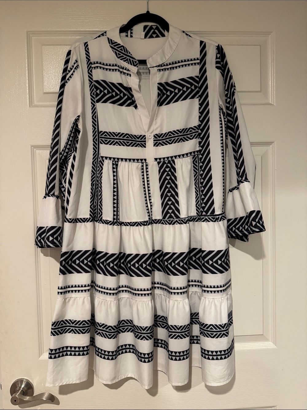 White and Black Patterned Tiered Tunic Dress